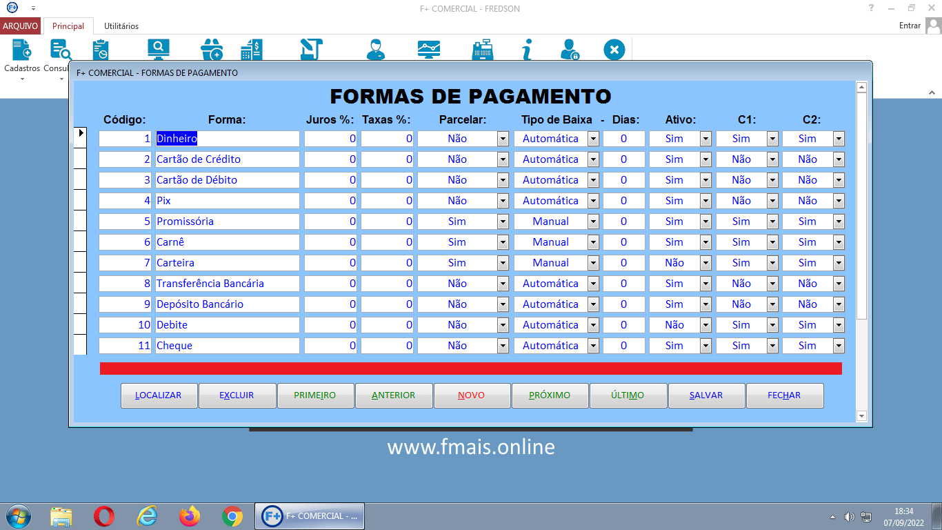 Cadastro de Formas de Pagamento