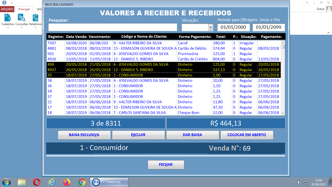 Janela de Consulta de Valores Recebidos e a Receber