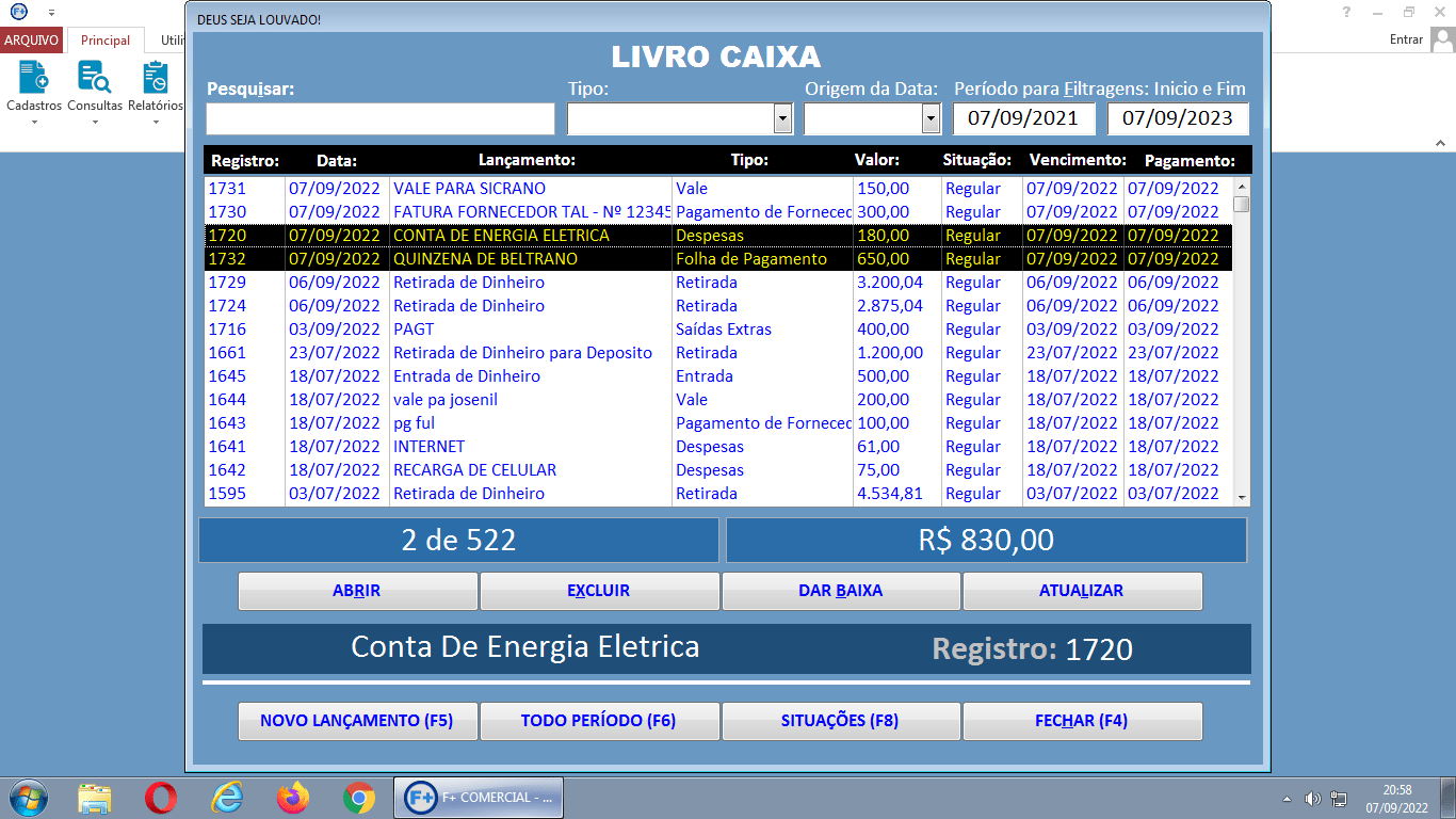 Janela de Consulta do Livro Caixa