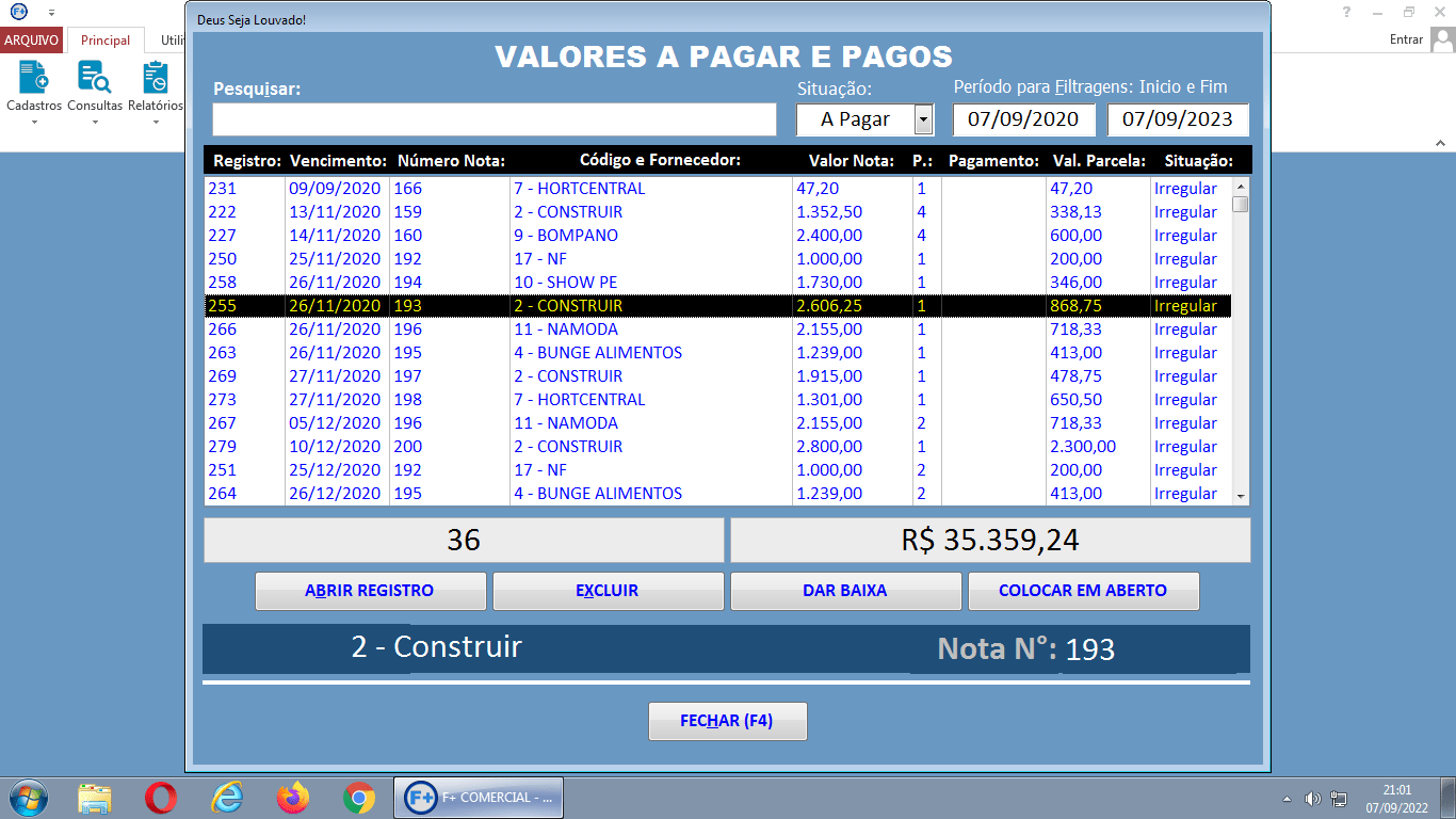 Janela de Consulta de Valores Pagos e a Pagar