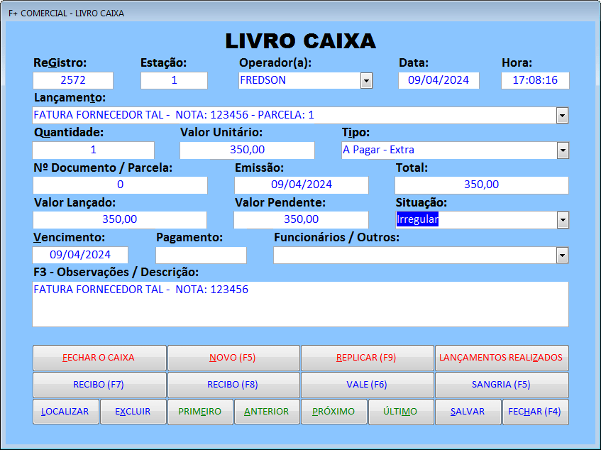 Lançamento no Livro Caixa