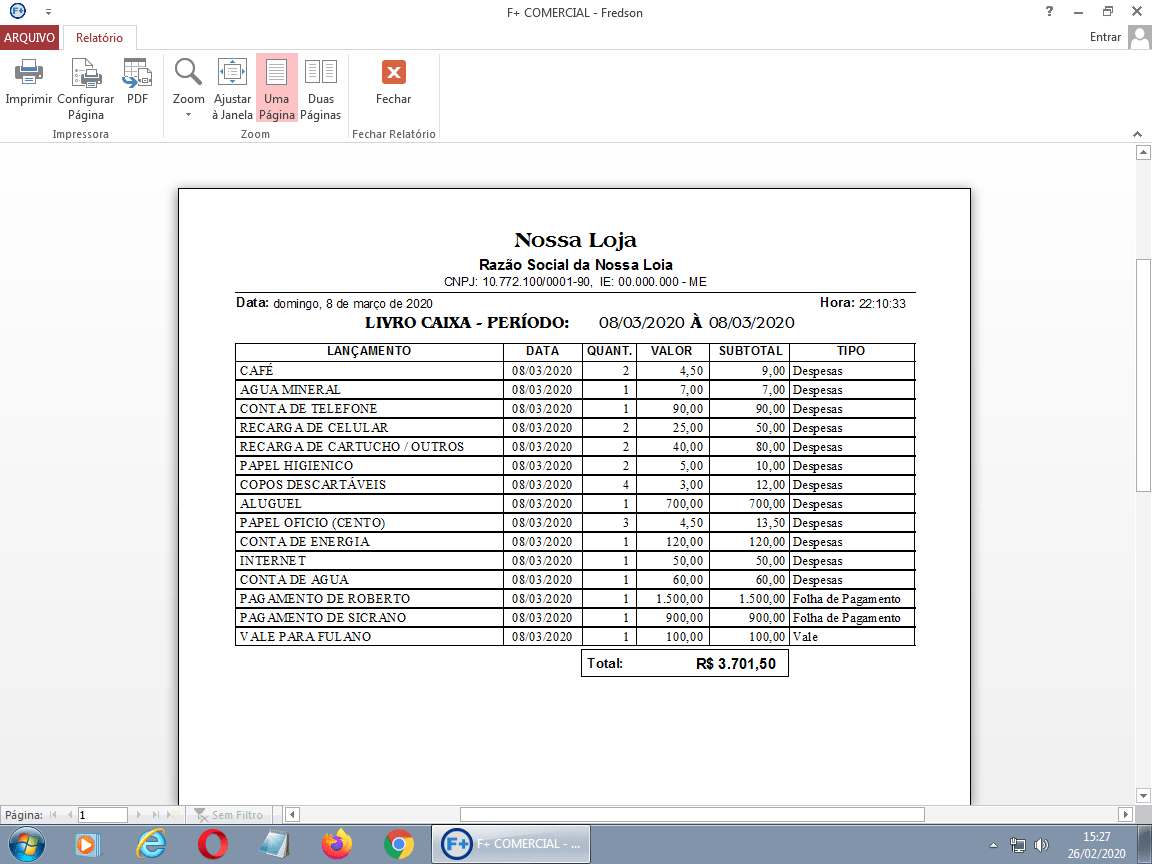 Relatório do Livro Caixa