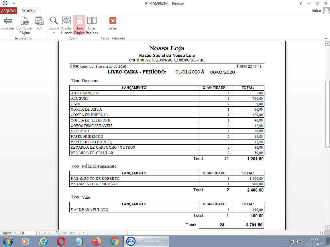 Relatório do Livro Caixa