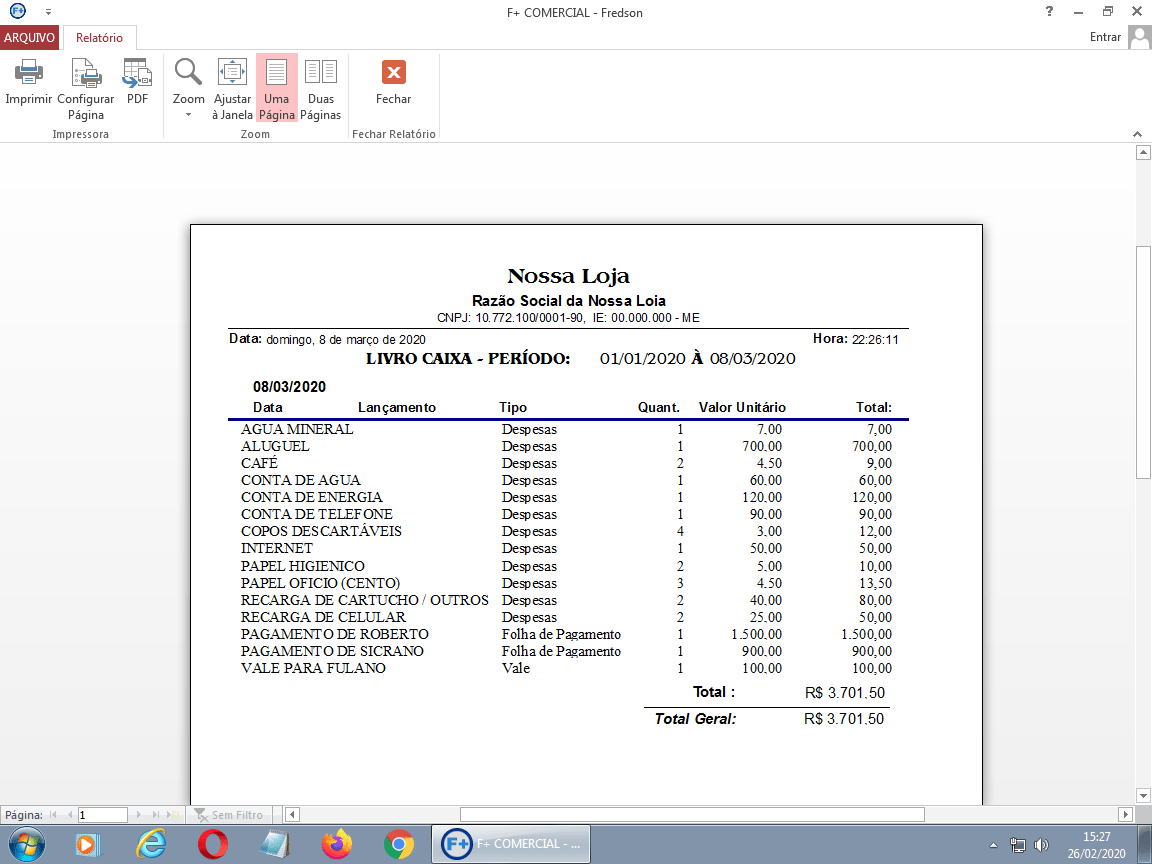 Relatório do Livro Caixa